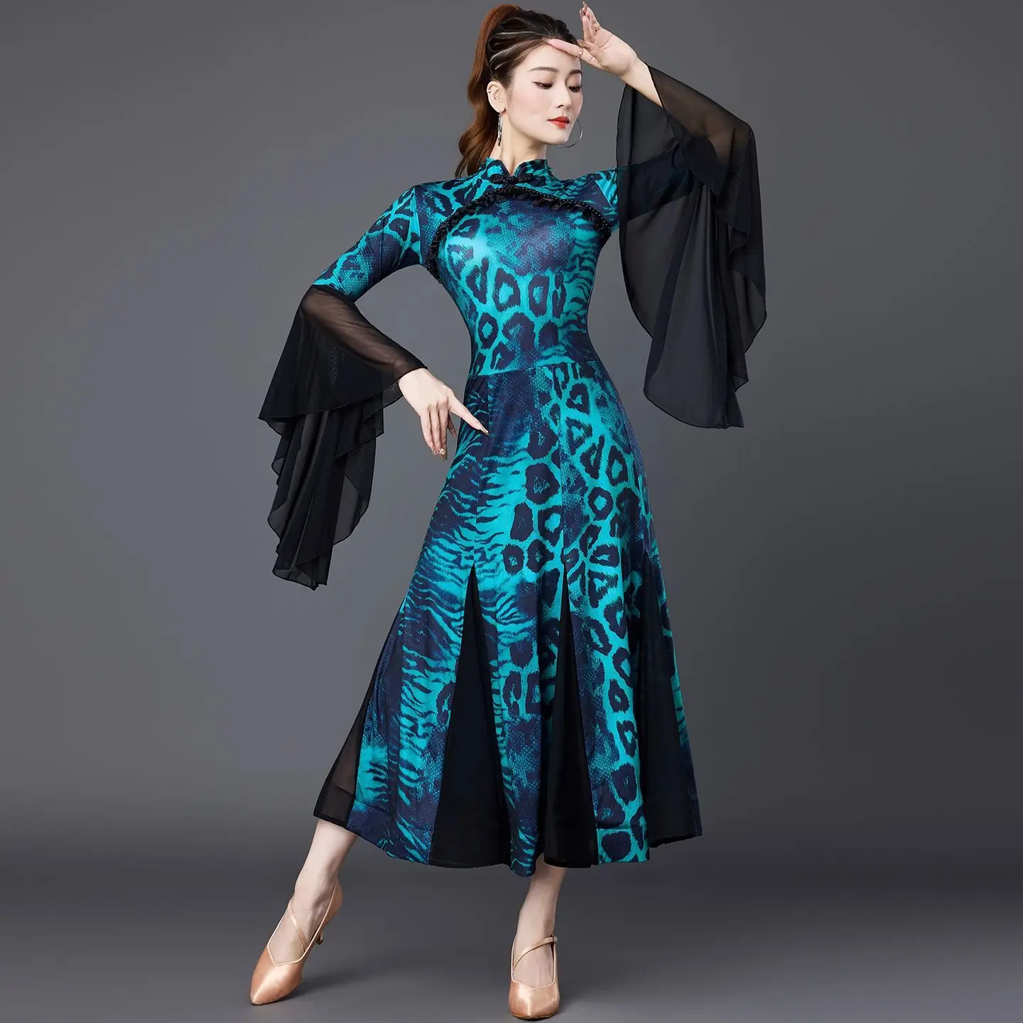 

Modern Dance Dress New Model Ballroom Waltz Social Dance Competition Performance Costume Leopard Print Cheongsam Dress