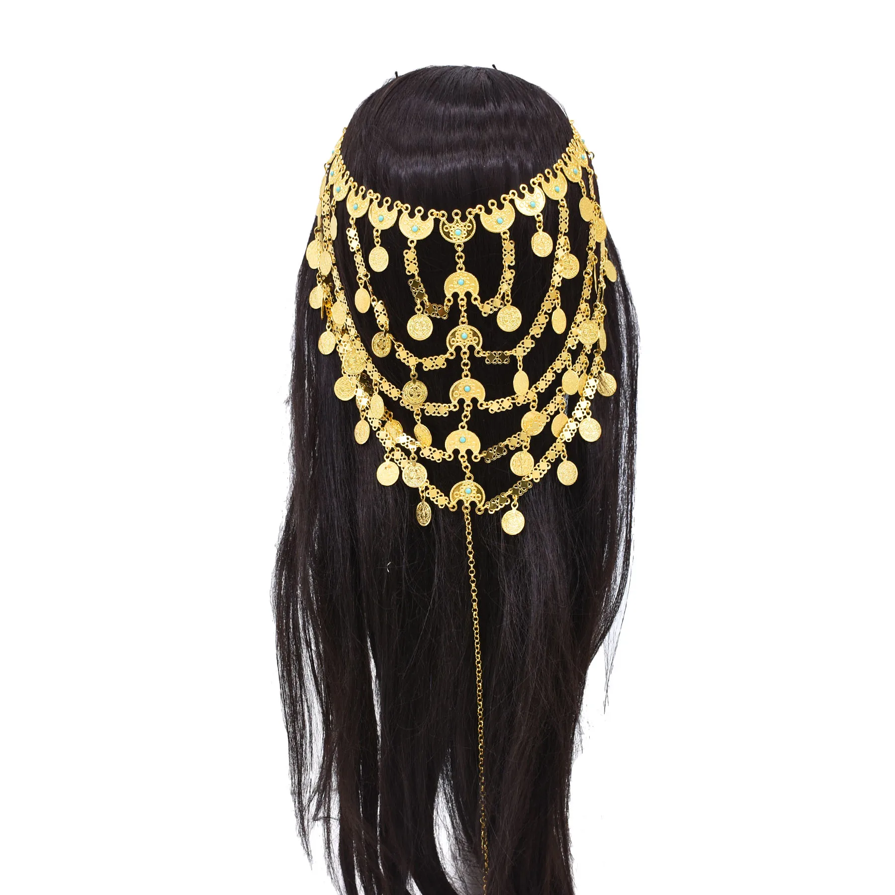 Golden Coin Sequin Moon Long Chains Tassel Hair Accessories for Women Luxury Dubai Arab Ethnic Bridal Wedding Headwear Jewelry