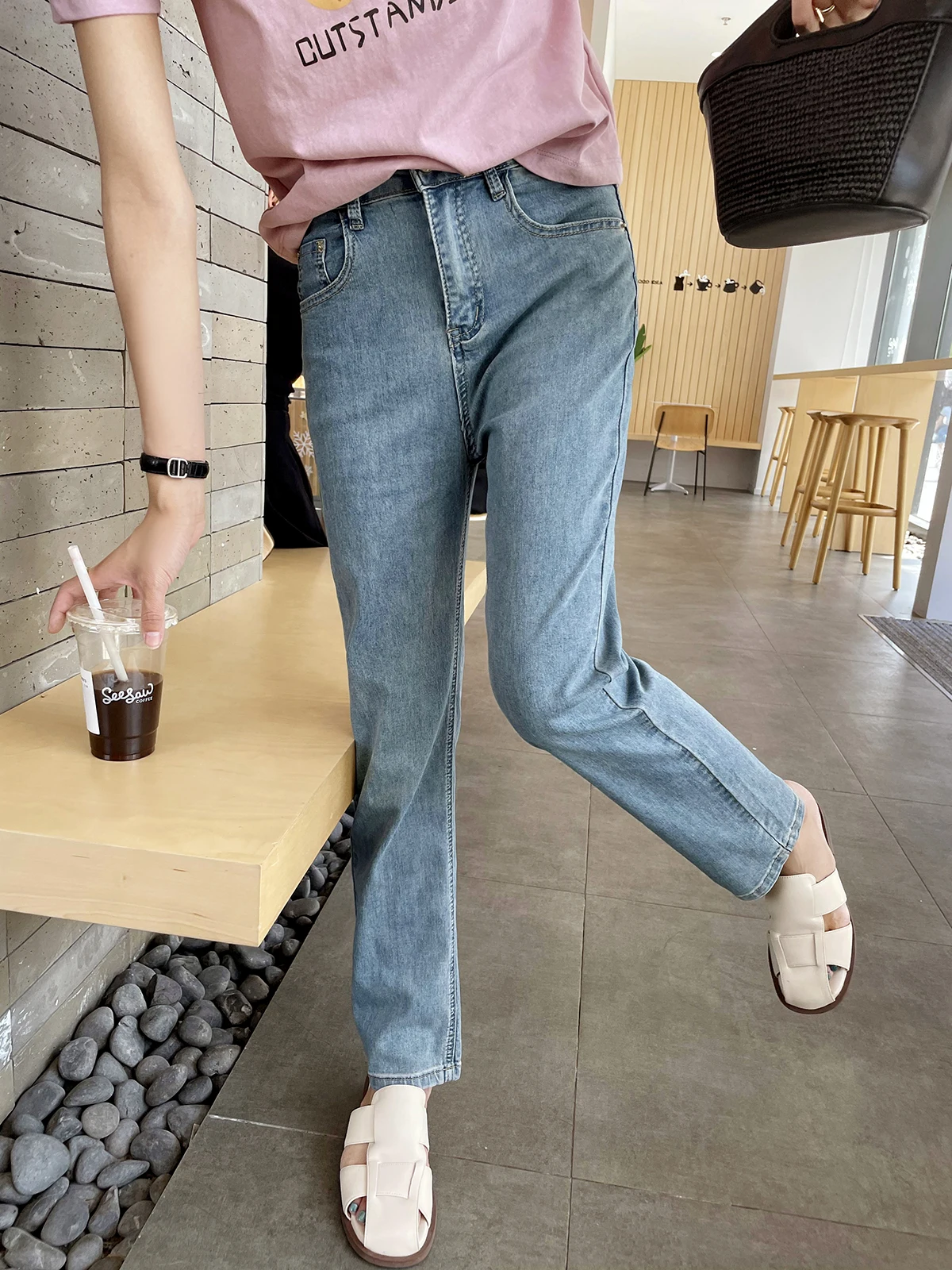 

Slimming High Waist Nine-Piece Straight Leg Jeans Women's Summer New Blue Thin Denim Pants FEELROOM