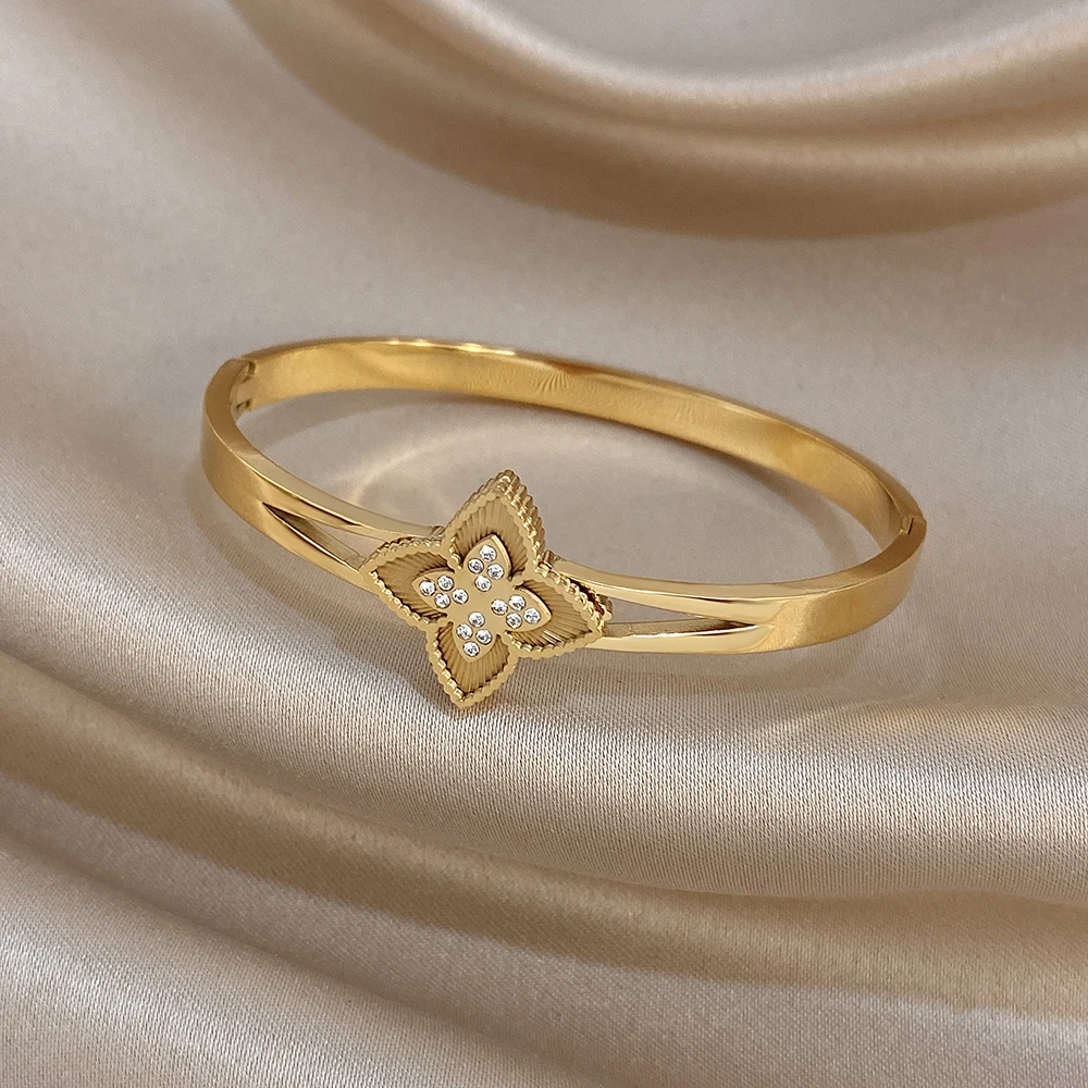 AENSOA Stainless Steel Gold Color Bangles Double-layer Persimmon Calyx Cross Flower Style Zircon Bangle Personalized Dainty Gift