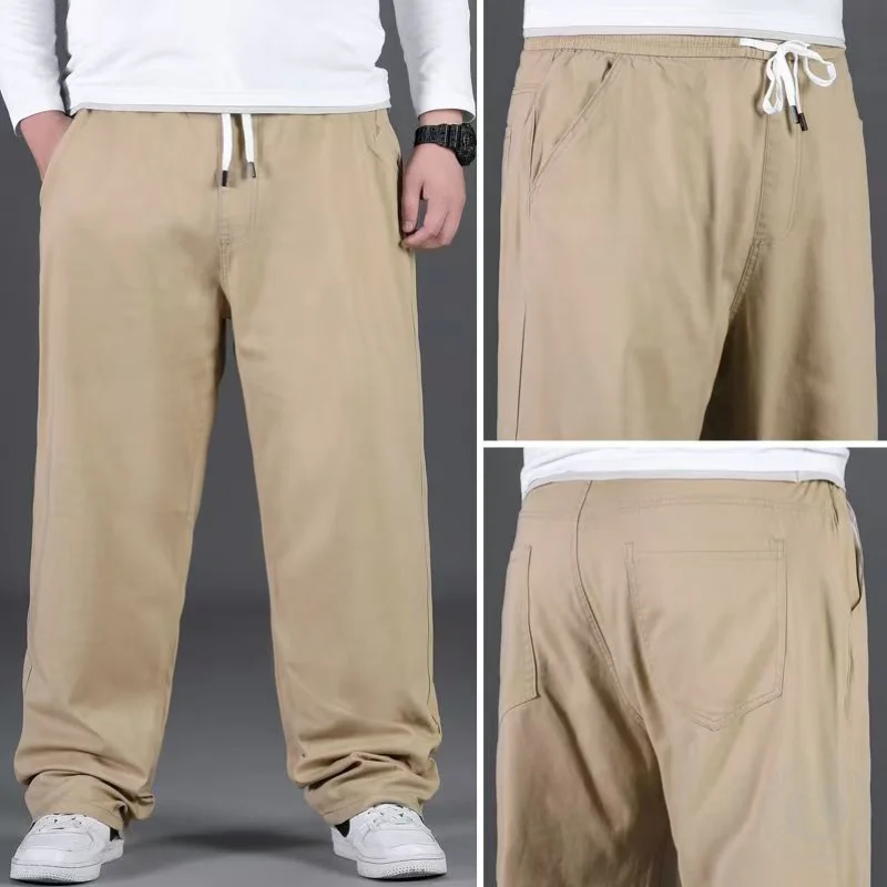 

Spring and Autumn oversized casual pants for men, loose straight leg with added fat and extra fat, elastic waist for men, pure c