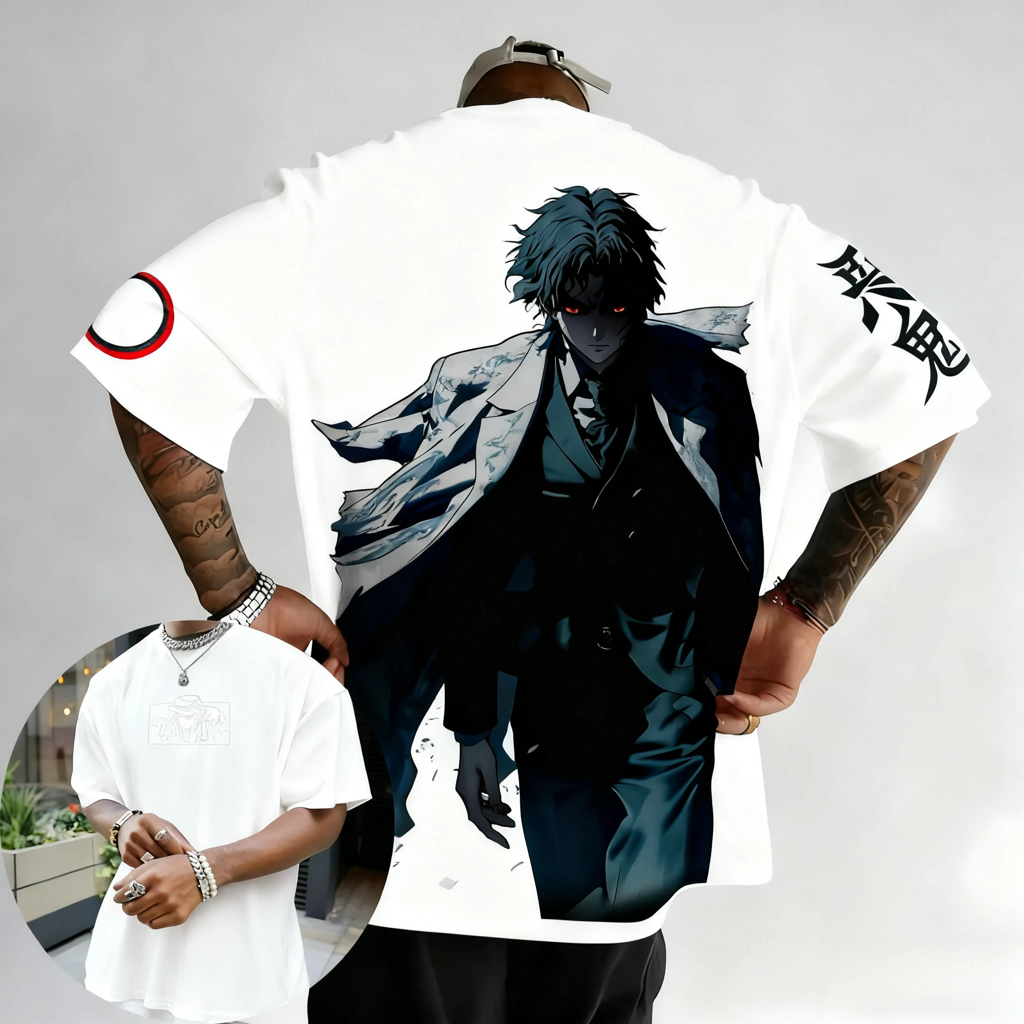 شيطان القاتل تي شيرت رجالي 2025 صيف جديد Kibutsuji Muzan أنيمي مطبوعة الشارع الهيب هوب الاتجاه Y2K بلوزة فضفاضة غير رسمية الوالدين والطفل