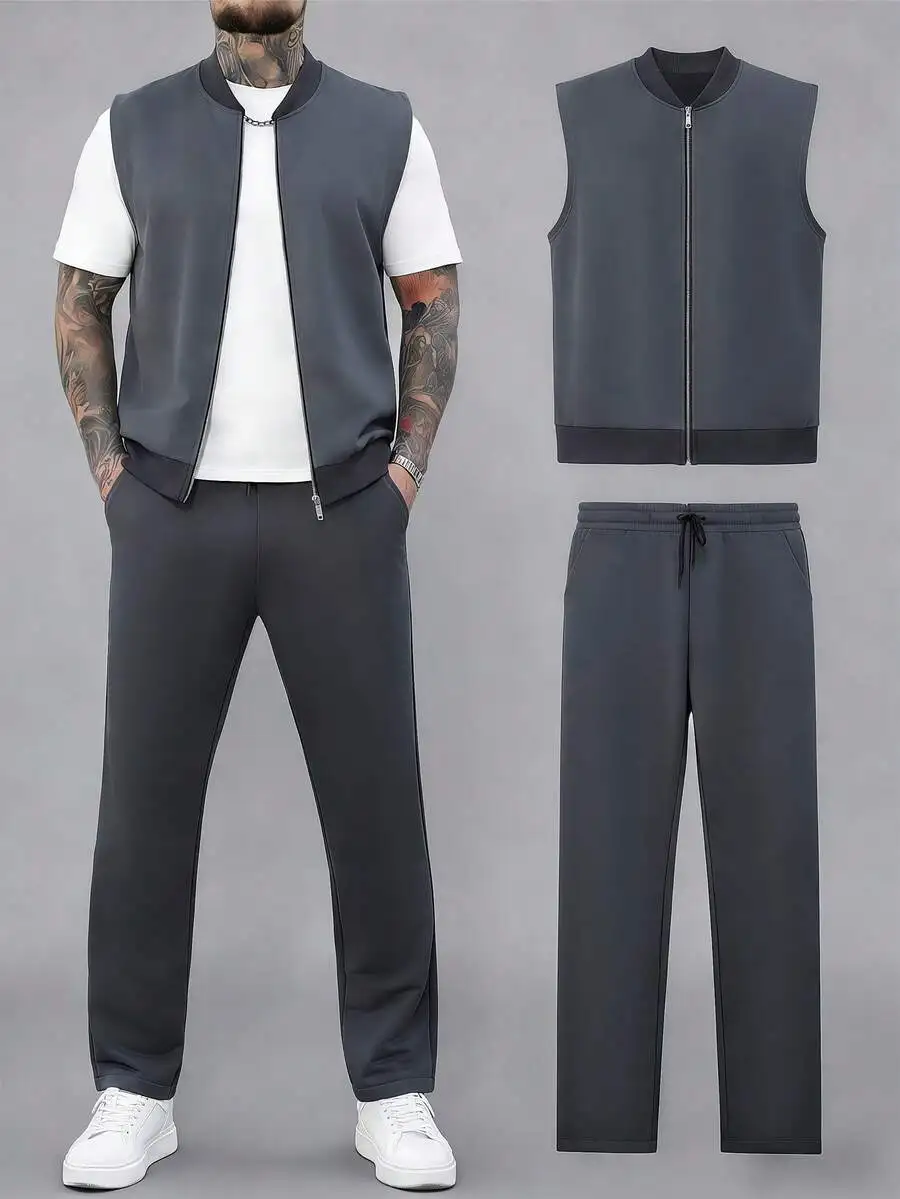 Conjunto de chaqueta sin mangas con cremallera frontal gris para hombre y pantalones deportivos con cordón a juego, ropa informal de calle para verano, uso diario y viajes