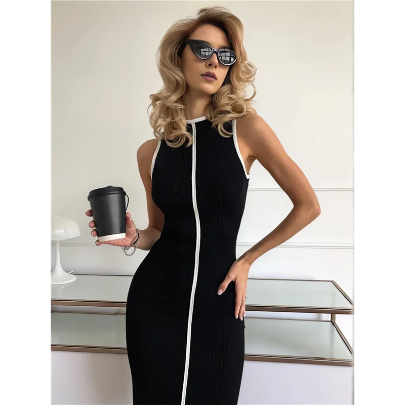 فستان ABRT-Womens بدون أكمام تي شيرت صيفي بغرز متباينة فساتين ماكسي بدون أكمام