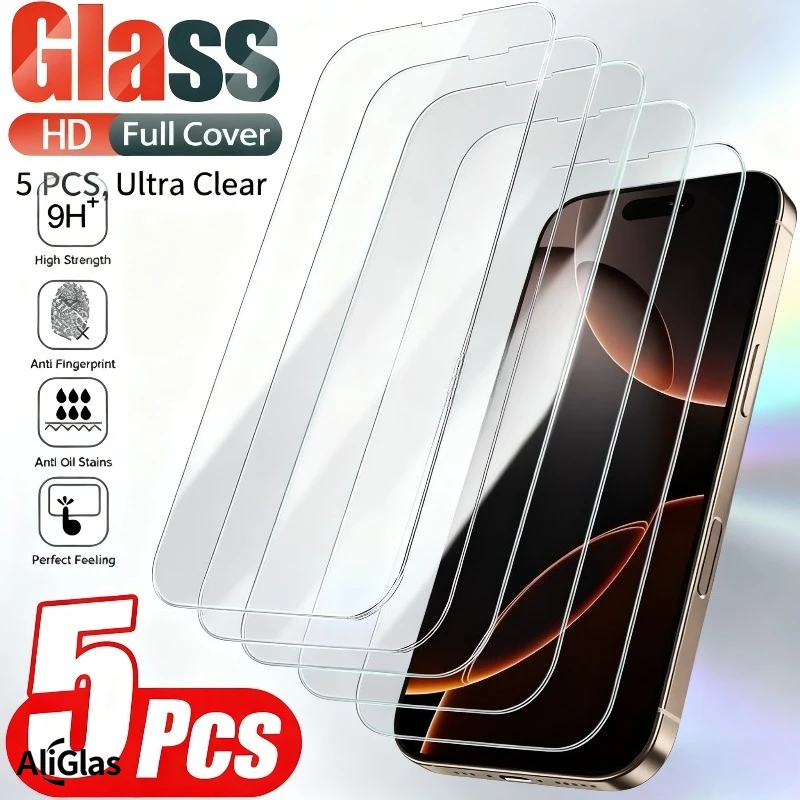 5 Stück hochauflösende Displayschutzfolien für iPhone 11 12 13 14 15 16 17 Pro Max gehärtetes Glas für iPhone 16e Air XR XS Max Glas
