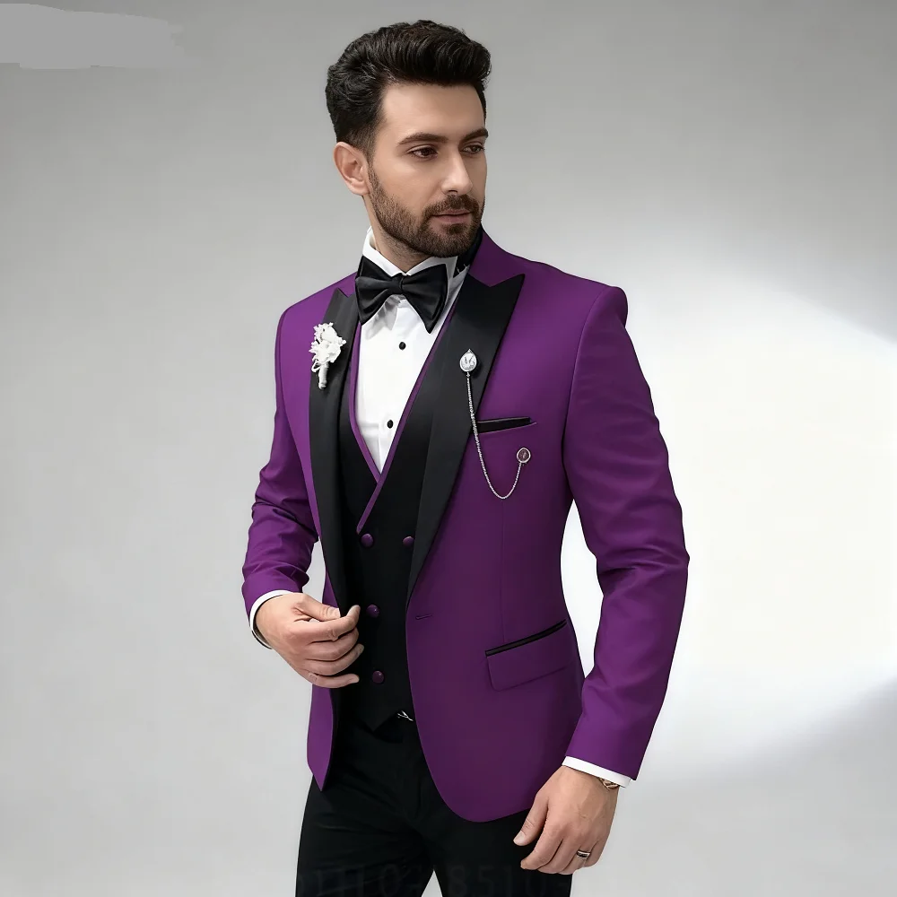 

3 Piece Wedding Suits for Men Peak Lapel Double Breasted Tuxedo Jacket Vest Pants Groom Business Fashion Party Set