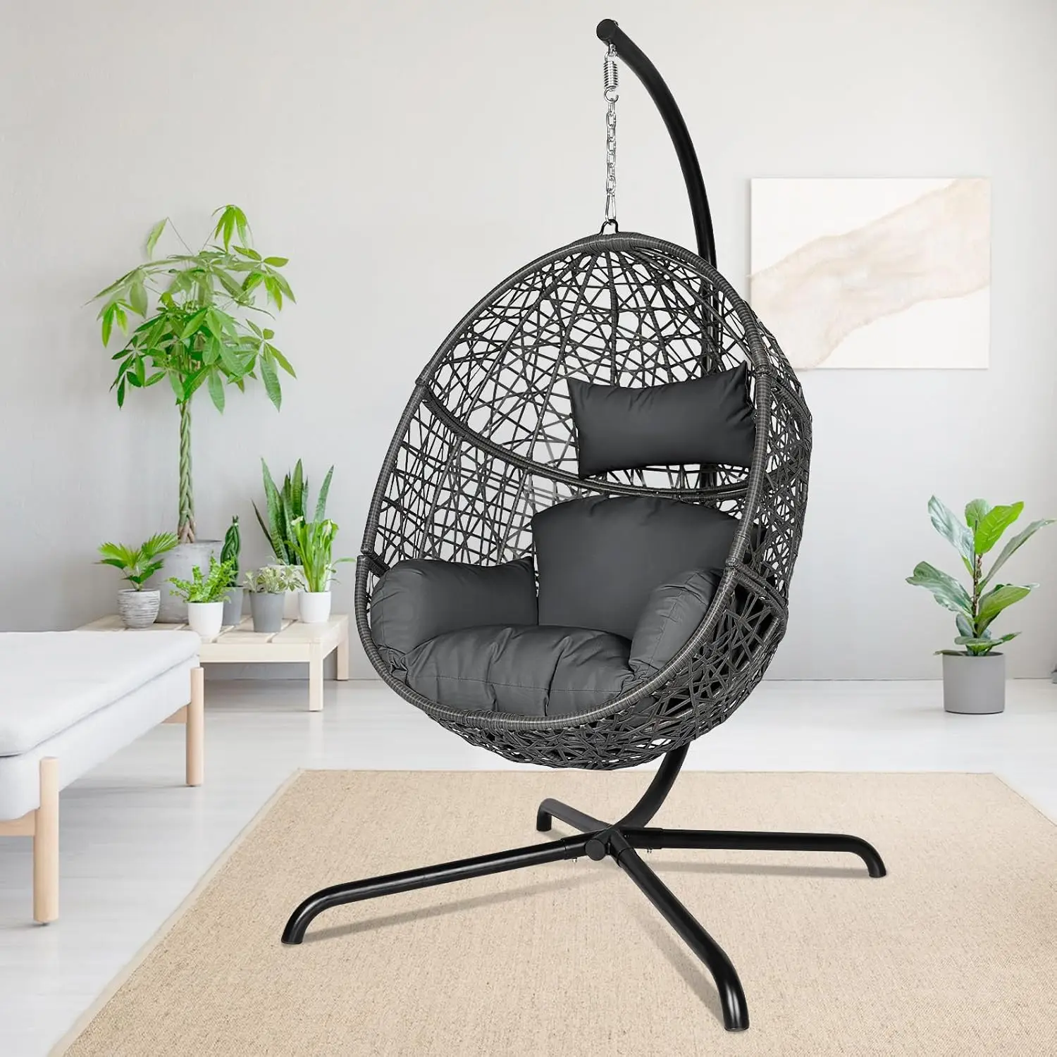 Oversized Swing Egg Chair with Stand Indoor Outdoor PE Wicker Rattan Patio Basket Large Hanging Chair with Waterproof Cushions