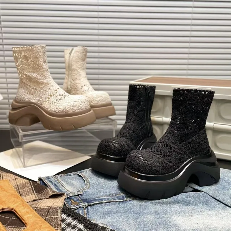 

Lace Casual Summer Breathable Platform Boots Fashion Thick Sole Women Side Zipper Height Increasing Boots Women Breathe Boots