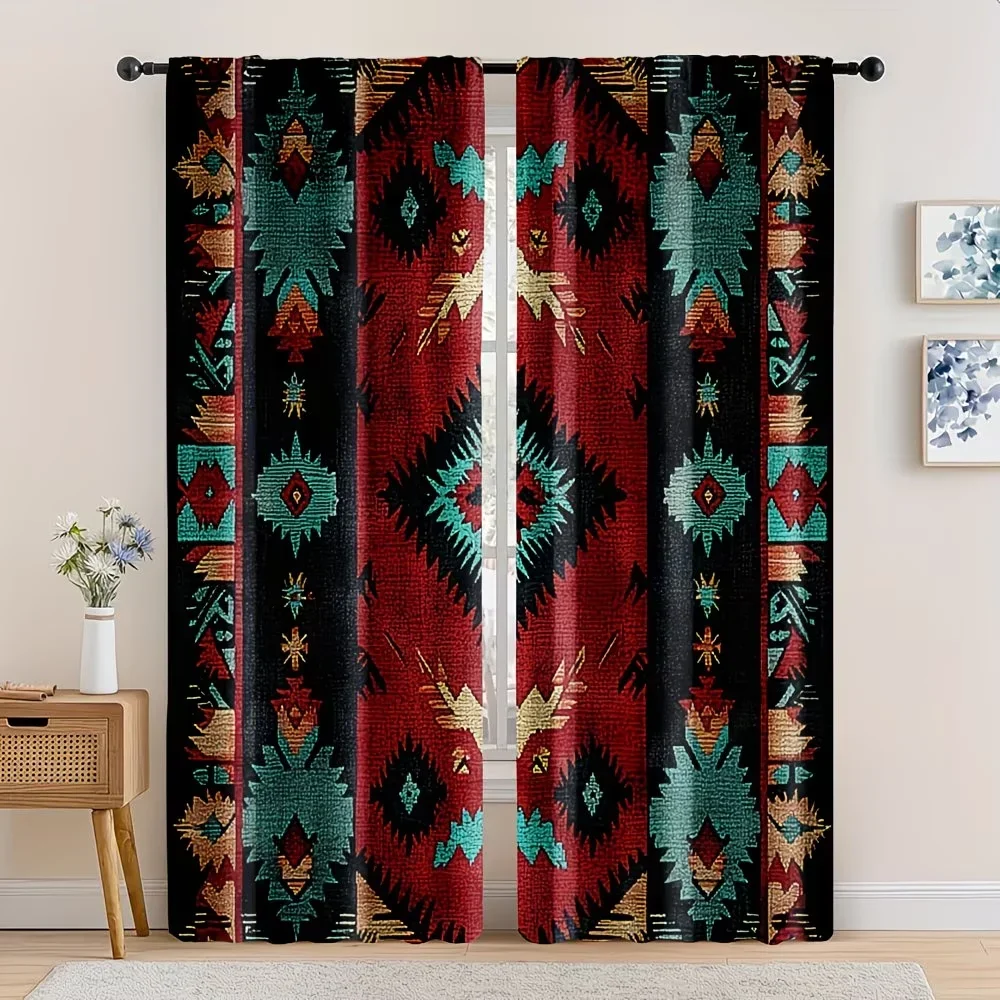 Bohemian Tribal Geometric Curtain Pair 2pcs Window Panels Red Teal Pattern Living Room Bedroom Boho Decor Curtains