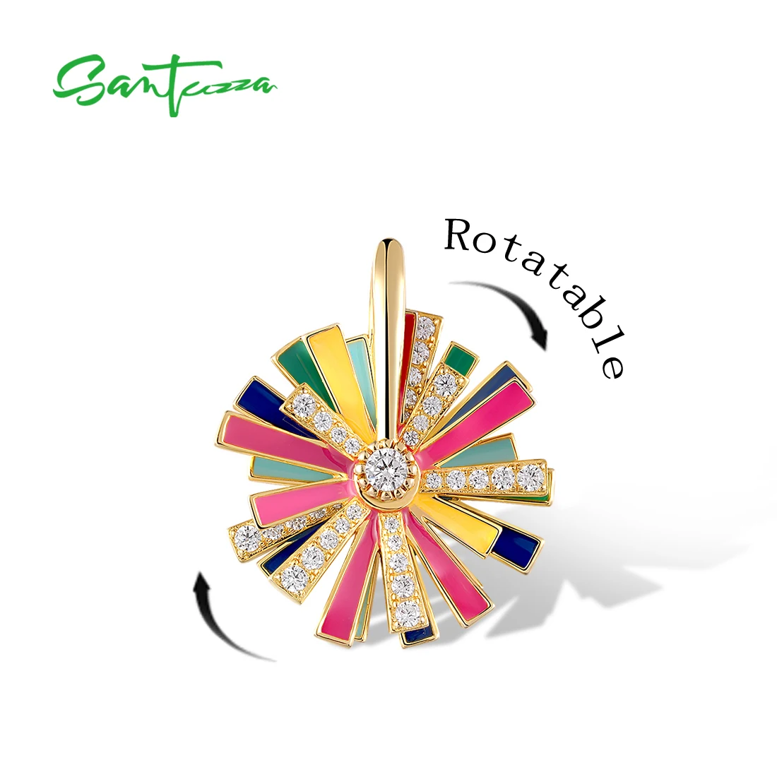 SANTUZZA Real 925 Sterling Silver Pendant For Women Sparkling White CZ Colorful Enamel Spinning Pendant Rotatable Fine Jewelry