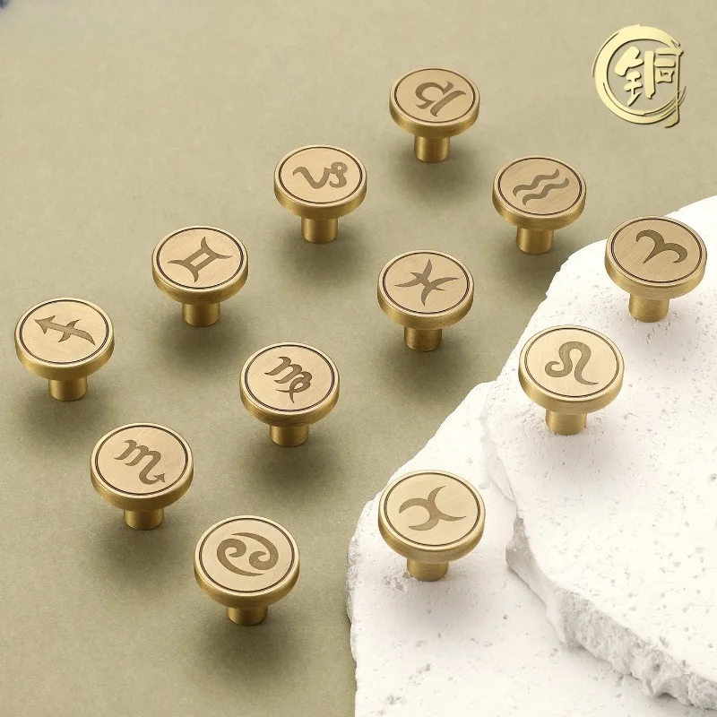 Creative 12 Constellations Brass Knobs Retro Single Hole Handles for Cabinet Wardrobe Drawer Nightstand Furniture Decor