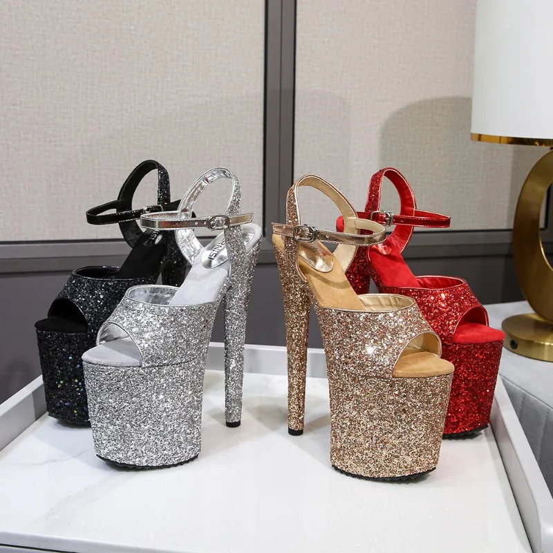 Women Shoes 20cm Sexy Platform Peep Toe Stiletto Sequined Cloth Super High Heel Women Shoes Nightclub Pole Dancing Party Sandals