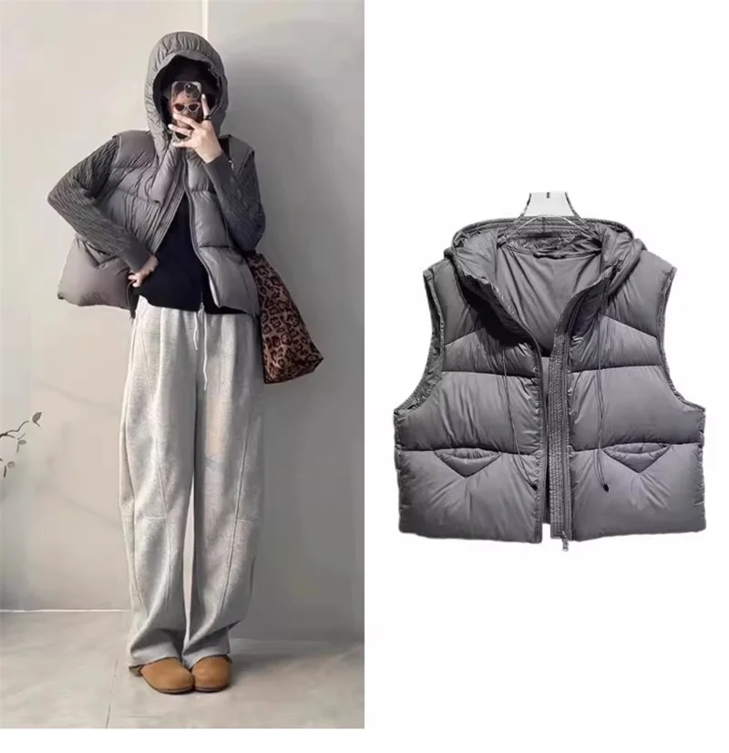 ZAROY Herbst-Winter-Damenjacken und -Westen, lässige Weste mit Kapuze, Reißverschlusstasche, warme Weste, Oberbekleidung, ärmellose Baumwolljacke, куртка – Detail 6
