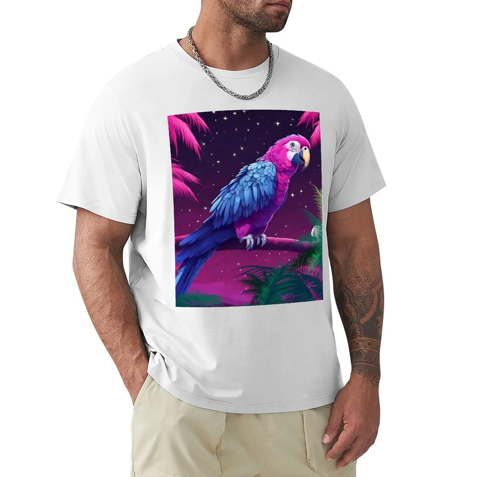 Copy of Parrot and palms at evening, sky fall of stars, exotic vibes T-Shirt plain cute clothes blanks Short sleeve tee men