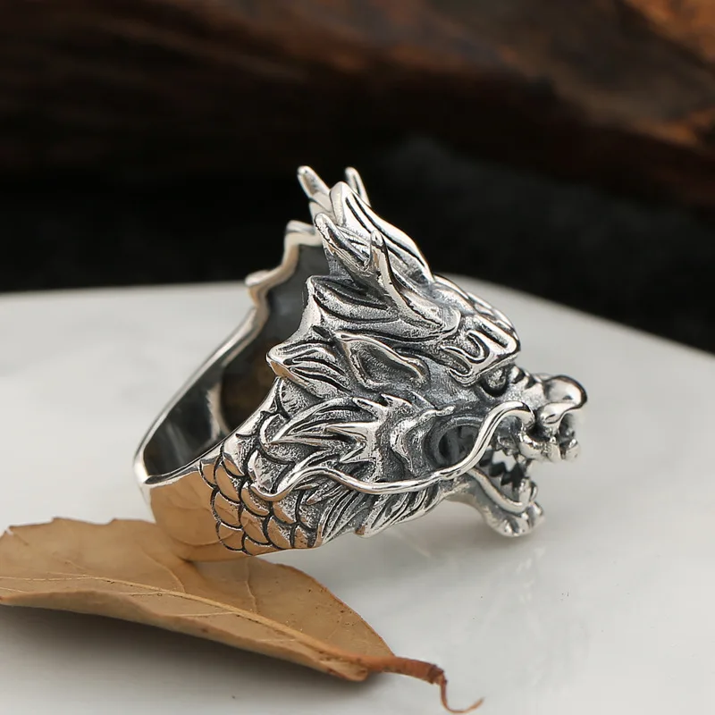 QEENKISS 925 Sterling Silver Vintage Adjustable Dragon Head Rings for Men Wedding Party Birthday Christmas Father Gifts RG6716