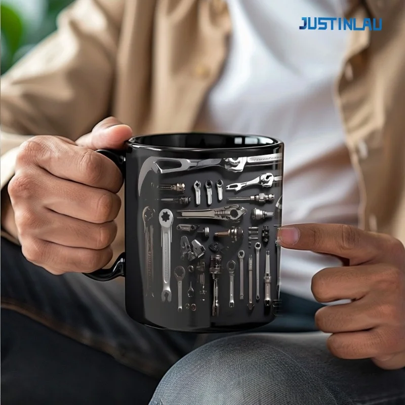 JUSTINLAU Lustige 11oz Kaffeetasse Werkzeugkasten Design Schraubenschlüssel Muster Mechaniker Wassertasse Keramik Mechaniker Tasse Auto/Auto Vatertagsgeschenk