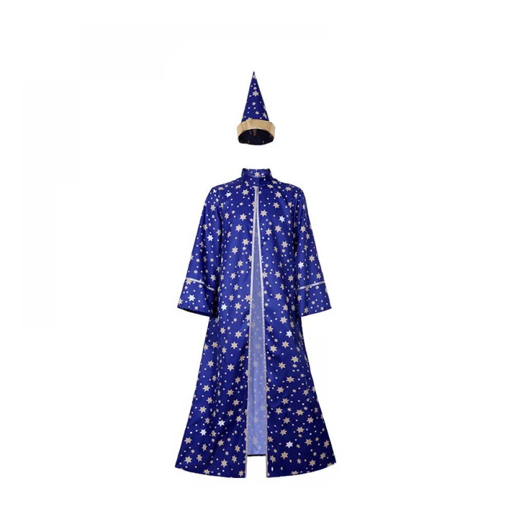 Men Blue Robe and Hat Star Moon Magic Magician Wizard Costume with Hat Halloween Cloak Cosplay Sorcerer Robe Adults