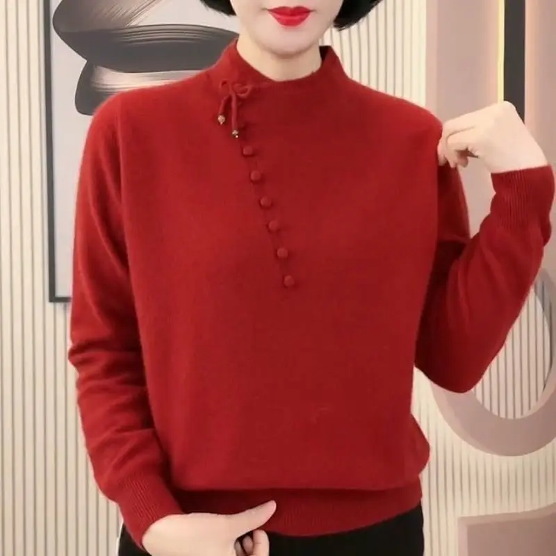 Autumn Winter Women Half High Neck Knit Pullover Chinese Knot Frog Buttons Soft Warm Ethnic Style Sweater Chic Casual Jumper Top