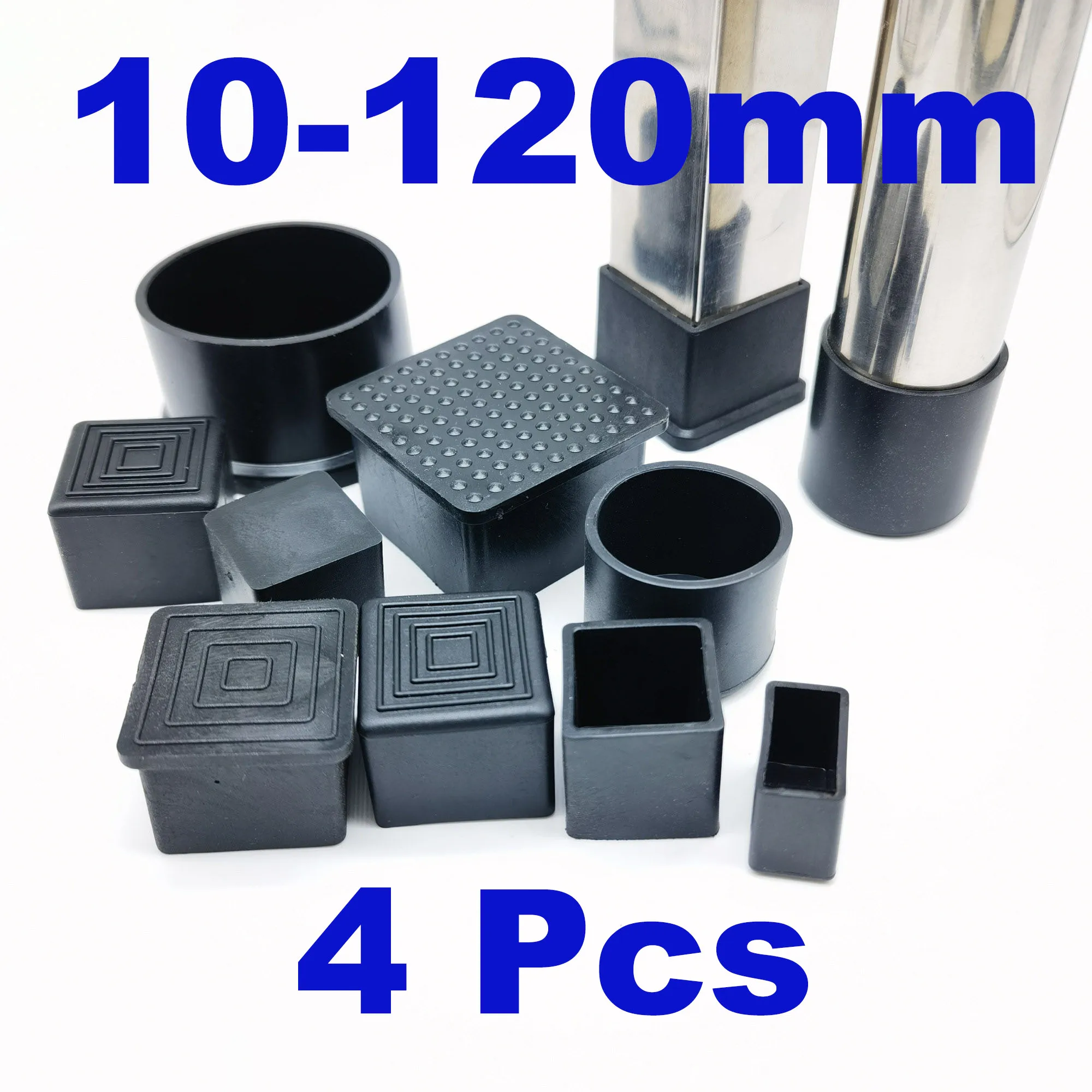 4pcs Square Black PVC Soft Rubber Pipe Sleeve Tube Cap Table Chair Foot Non-slip Pad Protective Cover 10 15 16 19 20 25-100mm