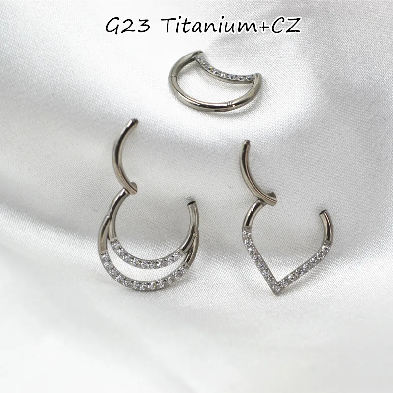 

10pcs G23 Titanium CZ Moon Heart Nose Seamless Hinged Segment Ring Clicker Ear Cartilage Helix Body PiercingTragus Hoop Septum