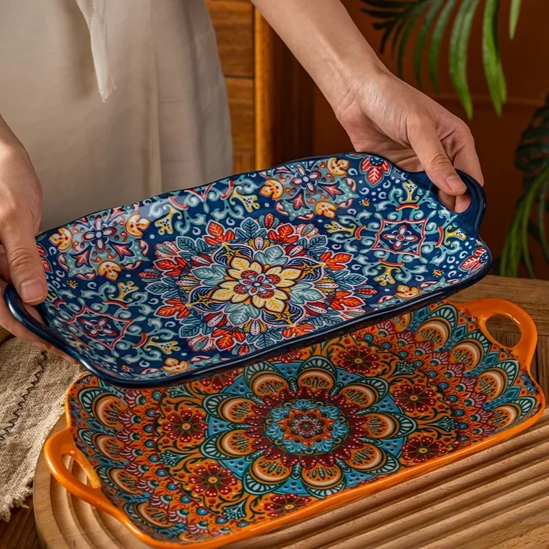13in Bohemian double-eared fish plate household steamed fish plate large rectangular fish serving plate ceramic vegetable plate