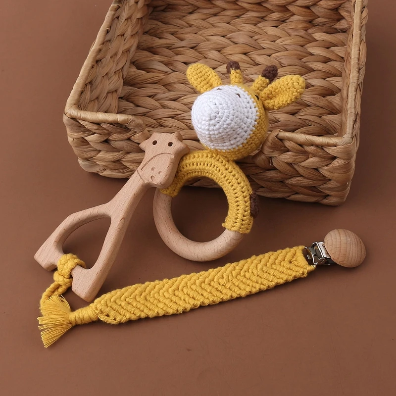 1 Set Baby Newborn Knitted Deer Wooden Ring Teether+Pacifier Clip Chain Holder DIY Crochet Rattle Bracelet Soother