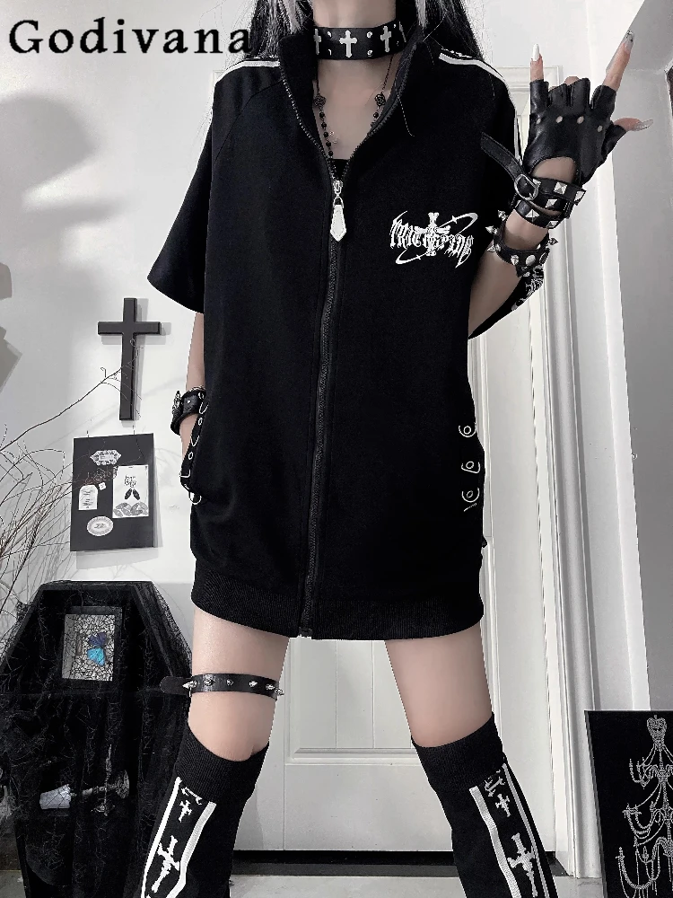 

Harajuku Subculture Dark Gothic Black Short Sleeve Jacket Autumn New Girl's Sweet Cool Y2K Mini Skirt Leggings Set Sportswear