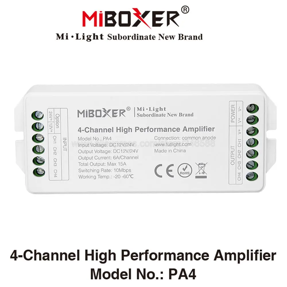 Miboxer PA4 DC12V 24V Max. 15A 4-Channle 6A/CH High Performace RGB RGBW LED Amplifier Controller for RGB RGBW LED Strips