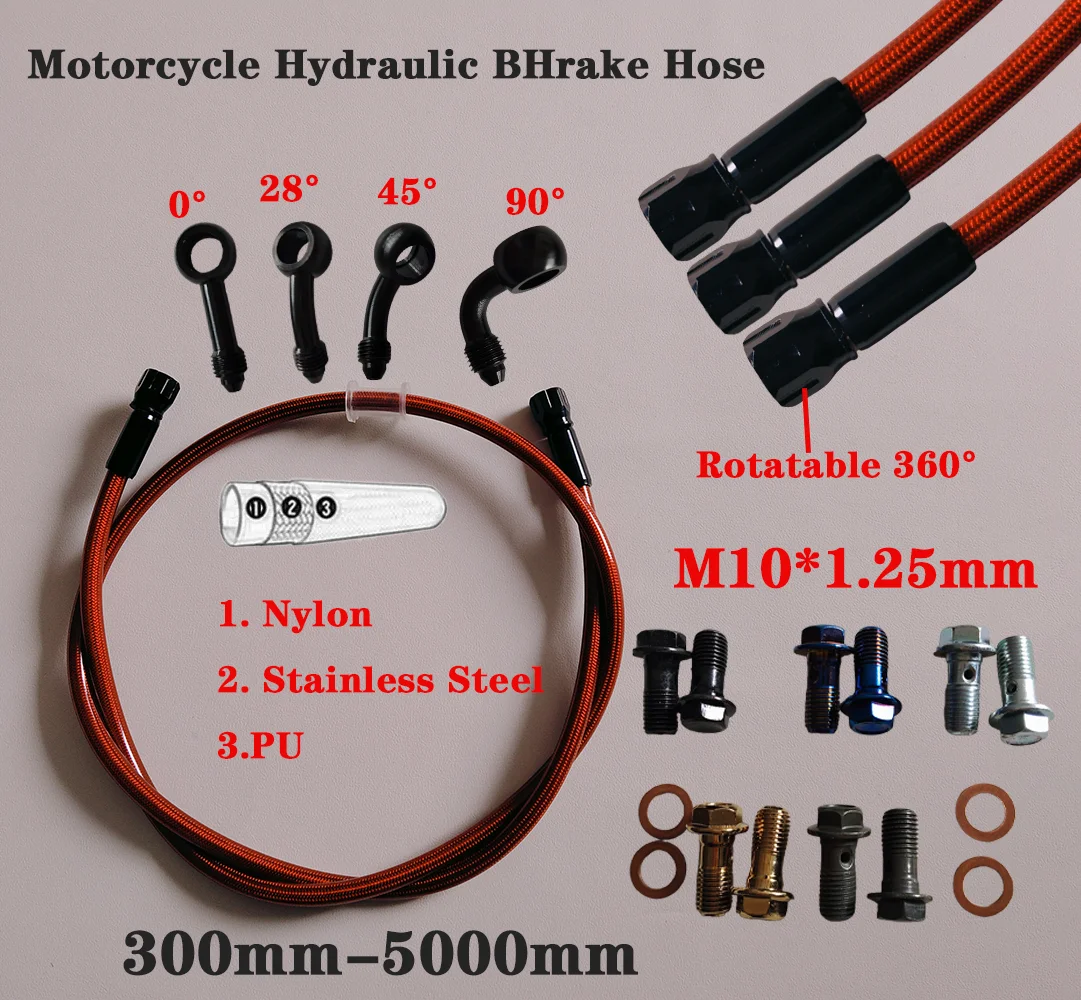 AN3 Motorcycle Red Brake Hose Hydraulic Stainless Steel Braided Brake Line Fluid Oil Tube ATV Street Dirt Pit Bike Remove Banjo