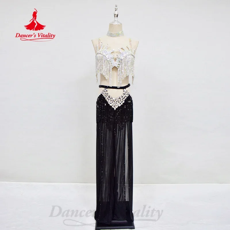 Belly Dancing Set Customized Luxury Rhinestone Tassel Bra+Sexy Split Split Long Skirt 2pcs Oriental Dance Performance Clothing