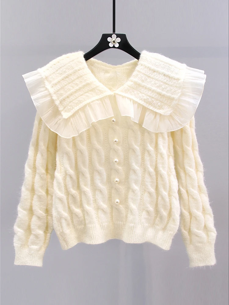

Spring Autumn 2025 New Loose Design Sense Long Sleeve Air Knitt Sweater Tops Doll Collar Twist Pullover Sweater Women Outer Wear