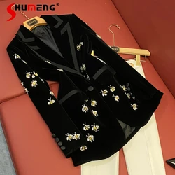 Chaqueta de manga larga con diamantes de longitud media para mujer, abrigo de traje de temperamento de estilo social, chaqueta única de alta gama para primavera