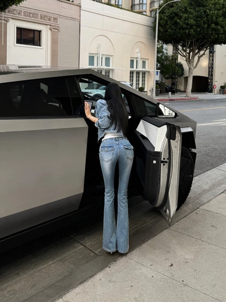 

Light Blue High Waist Slimming Micro Flared Denim Jeans Women's Spring New Sle ket Flip Boo Lifting Long Pants