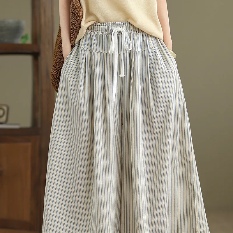 Emagrecimento cintura alta algodão linho calças de perna larga das mulheres preguiçoso sle sete Polegada calças roxo listrado calças casuais