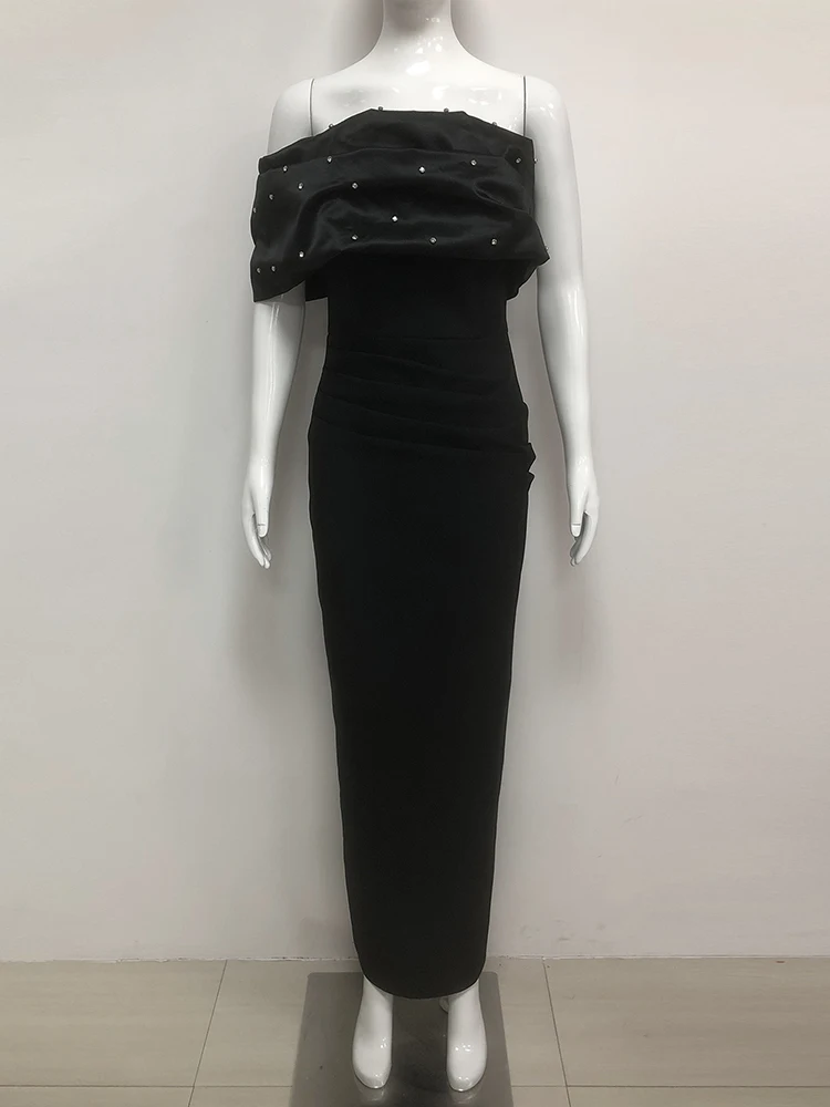 Sexy une épaule perlée plis robe de pansement femmes noir sans bretelles plissé perle longue robes moulantes robes de soirée