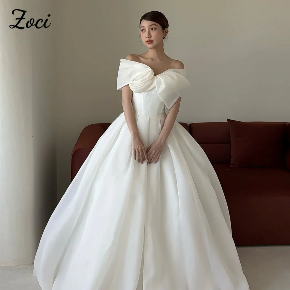 Zoci moderne off-shoulder Korea trouwjurken foto's schieten organza een lijn bruidsjurk op maat gemaakte korset rugloze trouwjurk