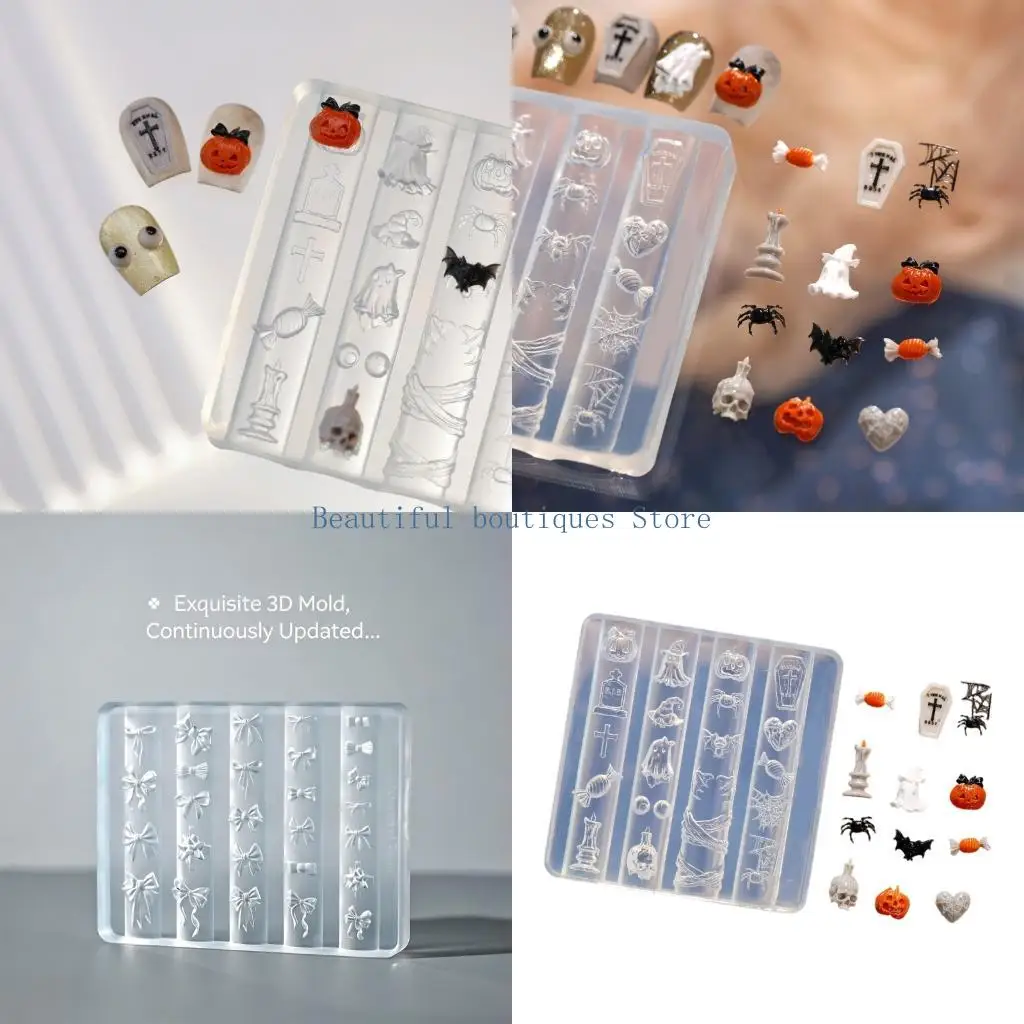 U4LF Halloween Phone Case Craft Mold Clear Mini Resin Tray for Nail Charms, Bat Web Candy Skull Shapes for Clay UV Gel and DIY