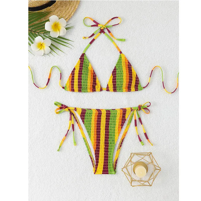 sexy cravatta halter stampa a righe micro bikini rugosi set perizoma a vita alta costumi da bagno Biquini conjunto de bikini tankini beachwear