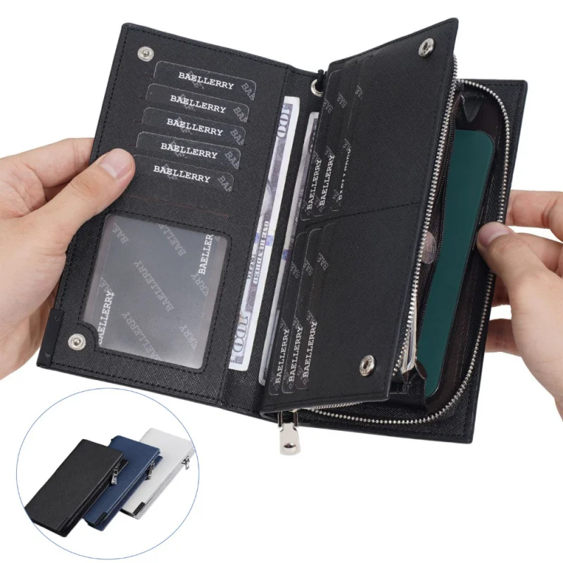 

2025 New Men's Long Wristband Clutch Snap-On Zipper Multi-Slot Leather PU Mobile Phone Case Simple Multi-Functional Wallet