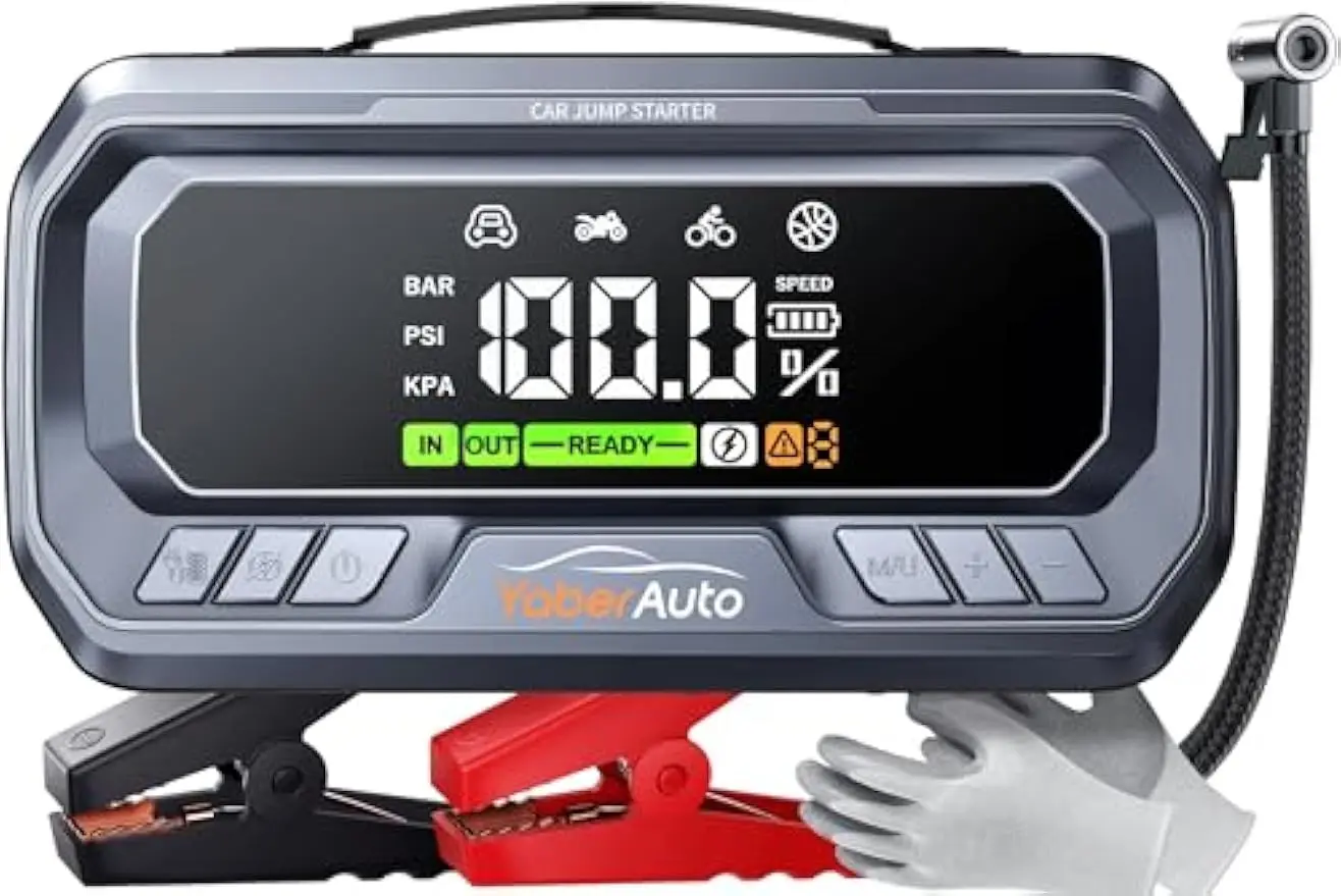 

12-in-1 Portable Jump Starter with Air Compressor, 8000A Power for All Gas and 12L Diesel Vehicles, Fast Charging