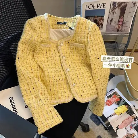 Women Jacket Spring Autumn New Yellow Tweed Small Fragrance Coat Short Korean Fashion Temperament Grace Female Tops Outerwear