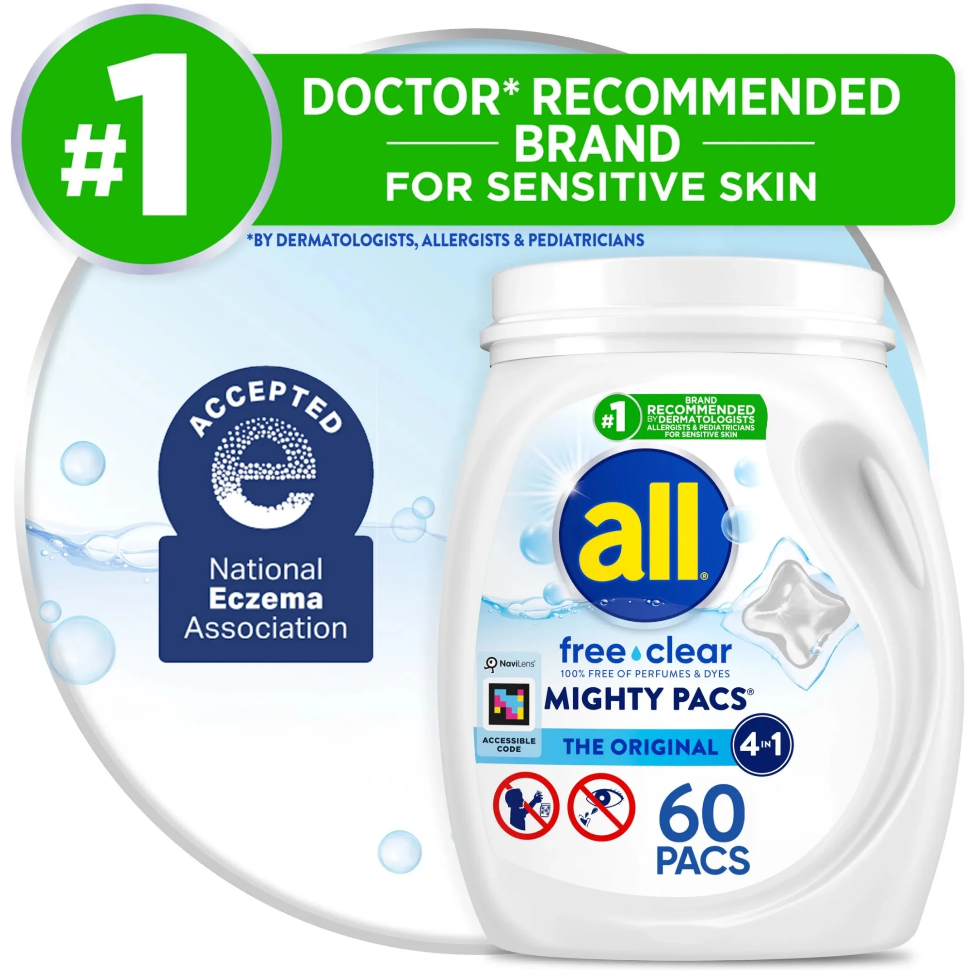 

Laundry Detergent Pacs, Free Clear for Sensitive Skin, Unscented and Dye Free, 60 Count