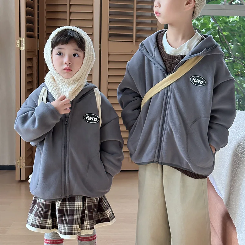 

2023 New autumn and winter children's jacket Aobagong boys pure color warm -up top girl hooded baseball cardigan