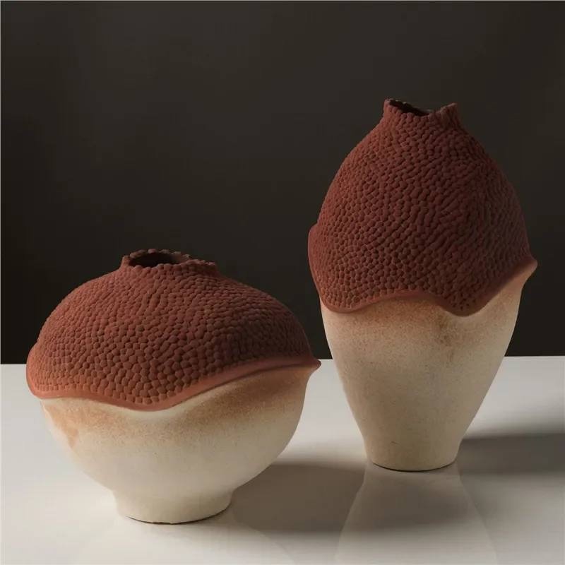 Wabi Sabi Red Ceramic Vase Modern Chinese Style Flower Arrangement Decor for Living Room Entrance Hotel Soft Home Ornament