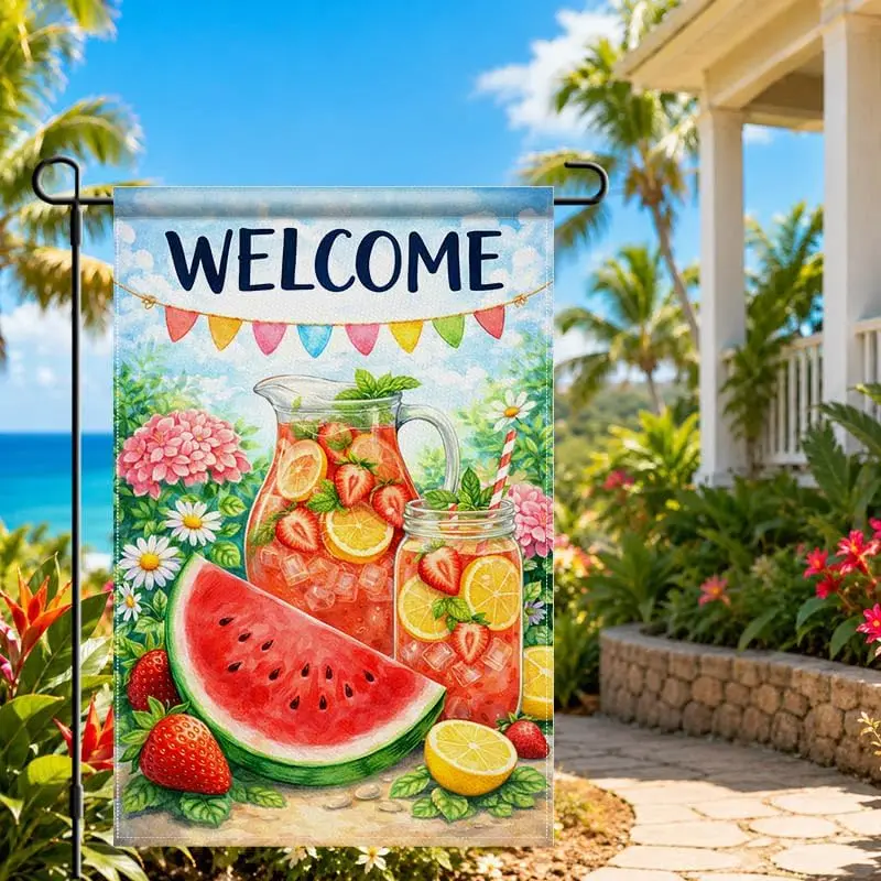 IVN Welcome Summer Garden Flag 12x18 Inch Double Sided Linen Watermelon Strawberry Lemonade Floral Yard Decor for Lawn Porch jjp