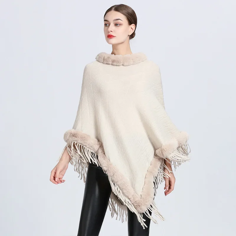 Women Warm Ladies Triangle Tassel Streetwear Overcoat Winter Big Pendulum Embossing Poncho Cloak Faux Cashmere O Fur Neck Cape