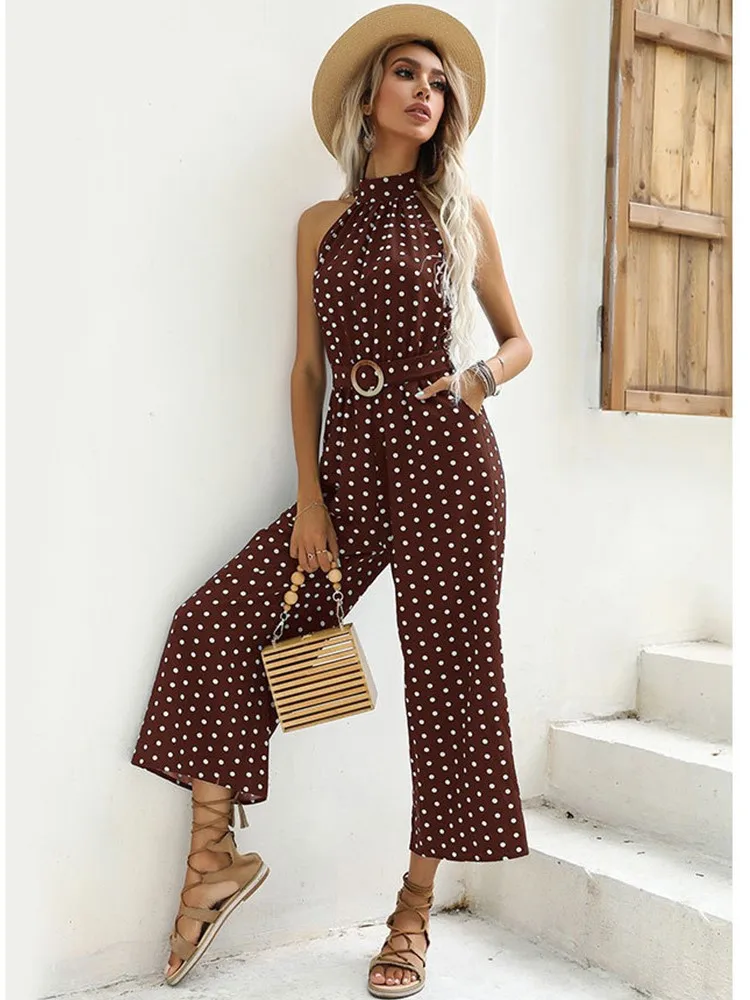 Casual Jumpsuits Polka Dot Print High Waist Wide Leg Women Summer Sleeveless Sexy Lady Long Pants Jumpsuit Halter Neck Overalls