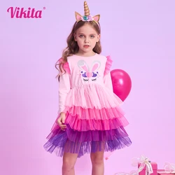 VIKITA Girls Rabbit Cartoon Print Dresses Kids Spring Autumn Long Sleeve Dress Girls Pink Layered Mesh Tulle Princess Vestidos