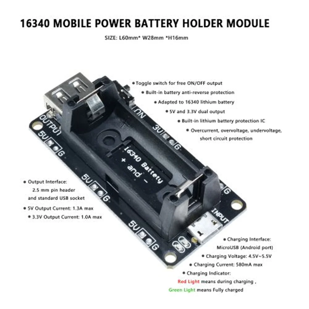 16340 Micro USB Power Bank Battery Charger Module Dual Output 3.3V 5V Rechargeable Battery Holder Lithium Battery Charging Board