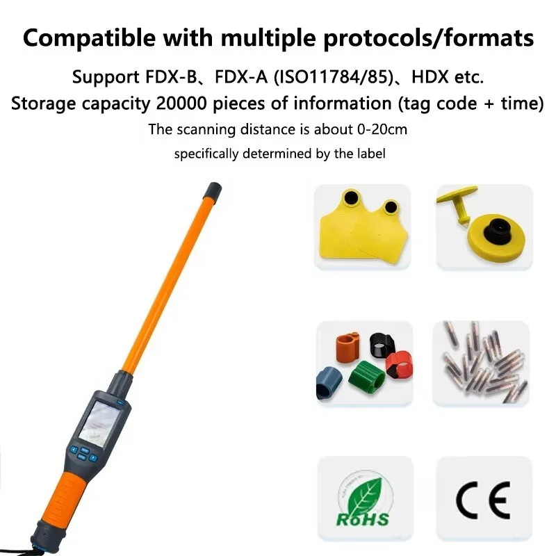Long Range 134.2kHz Cattle Tag Reader Blue-tooth RFID Animal Microchip Scanner ID Tag Lettore Long Stick Handheld Reader